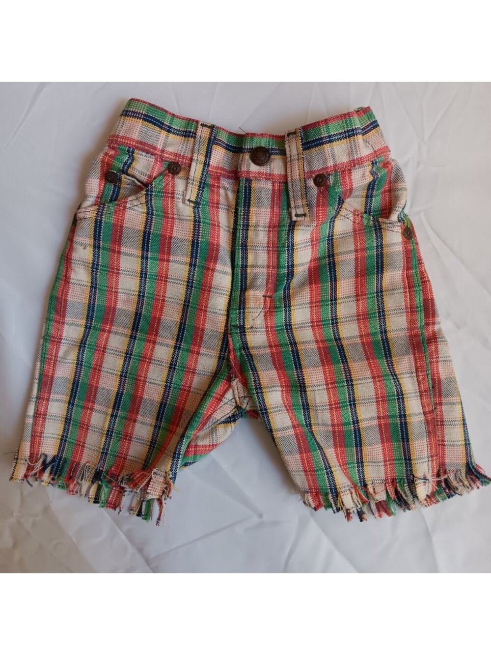 JC Penney Super Denim Vintage Boys 6 18" Shorts 1970's Plaid Frayed Hippy